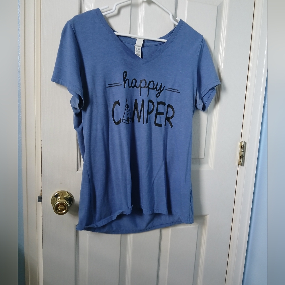 Happy Camper V-Neck Graphic Tee - Blue